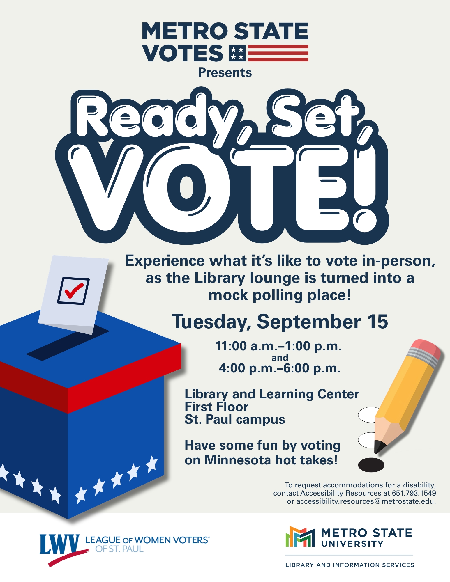 Event flyer with text and illustrations of blue ballot box and yellow pencil
